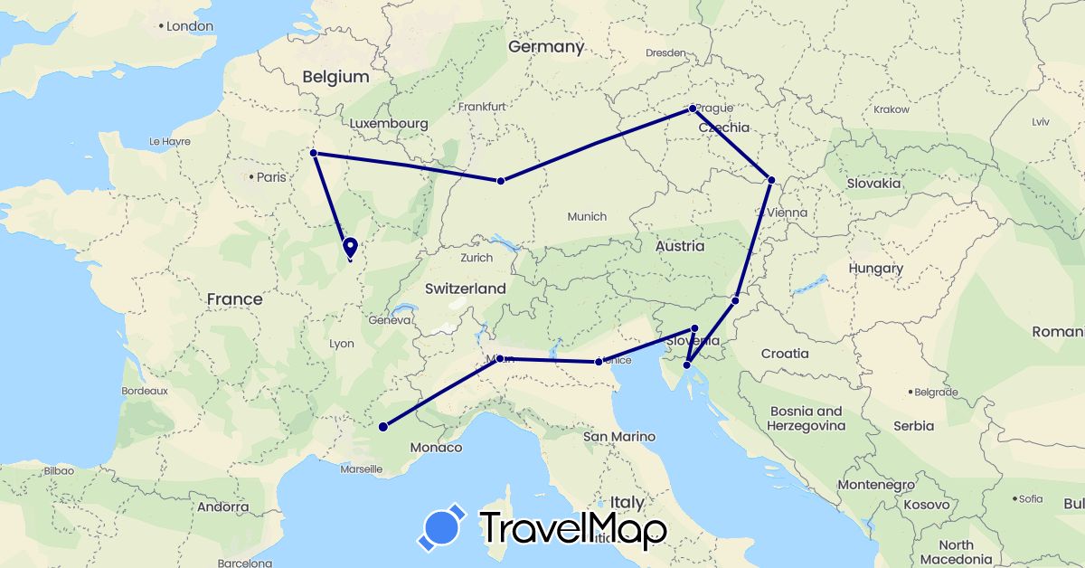 TravelMap itinerary: driving in Czech Republic, Germany, France, Croatia, Italy, Slovenia (Europe)